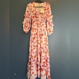 Lost + Wander Pink and Orange Ruffled Tiered Sundress